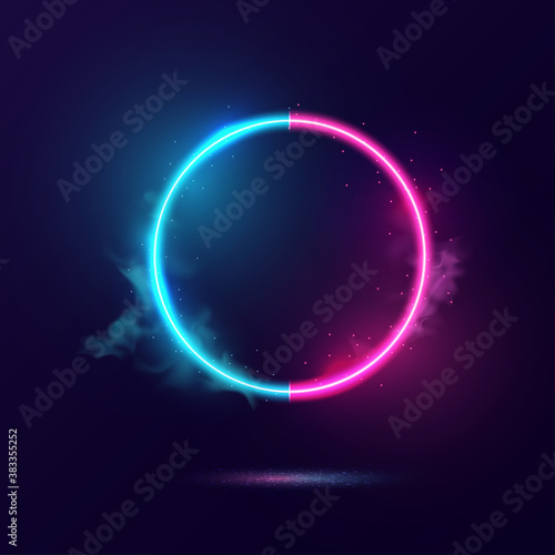 Glowing neon lighting round frame with cyan and pink background.