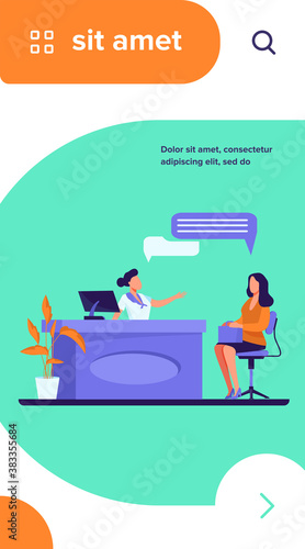 Customer and manager talking at reception desk. Clinic, consultation, reservation flat vector illustration. Communication, service concept for banner, website design or landing web page