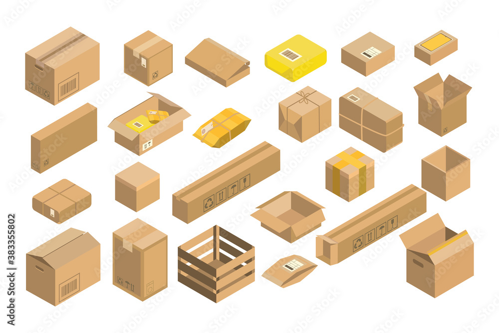 Isometric parcel icon. Set packing box vector illustration isolated on white background. Isometric parcel icon. Set packing box vector illustration isolated on white background.