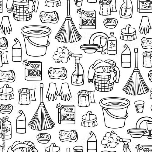 Vector pattern on the theme of cleaning services, putting things in order, purity. Background with cartoon equipment and household chemicals on white color