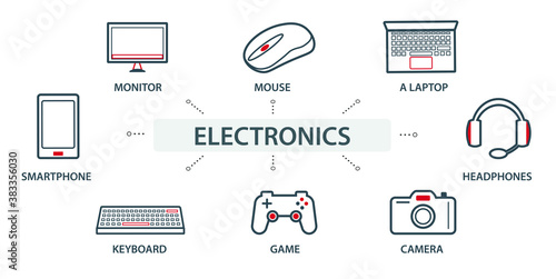 Vector illustration of the group, a set of icons, miniature infographics in the same style, electronics and technology. Computer. Web icons.