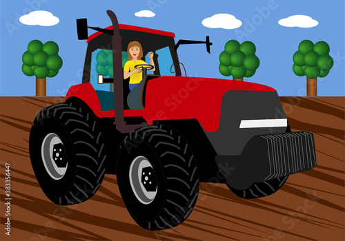 Mujer agricultora conduciendo el tractor por sus tierras