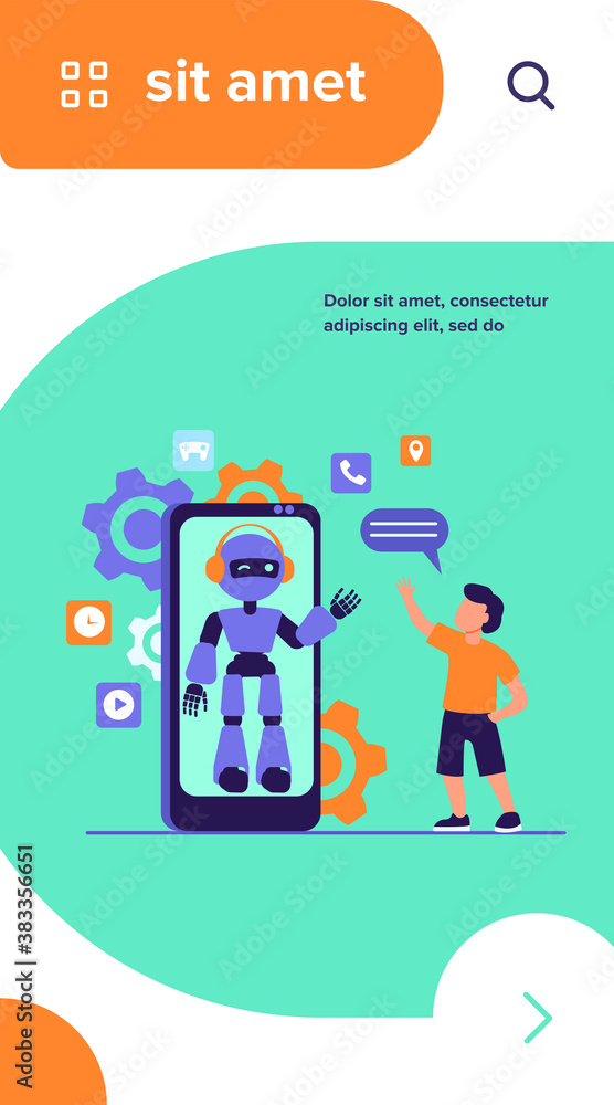Boy waving hello at humanoid on smartphone screen. Chat bot, virtual assistant, mobile phone flat vector illustration. Technology, childhood concept for banner, website design or landing web page