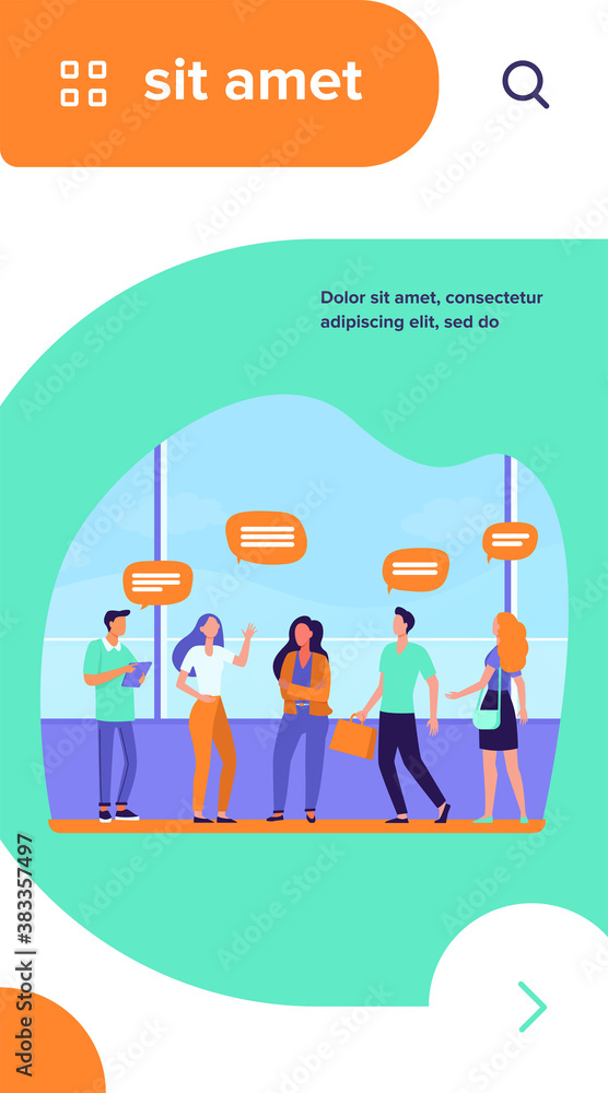 Group of people standing and talking in public place. Panoramic window, speech bubbles, airport flat vector illustration. Communication, travel concept for banner, website design or landing web page Group of people standing and talking in public place. Panoramic window, speech bubbles, airport flat vector illustration. Communication, travel concept for banner, website design or landing web page