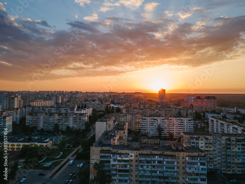 Aerial view of a densely populated sleeping area of ​​the Kiev metropolis