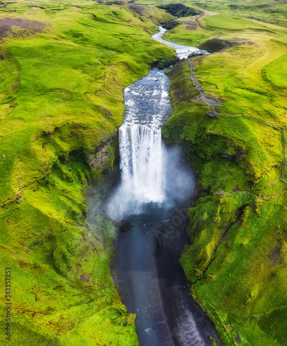 Iceland. Aerial view on the Skogafoss waterfall. Landscape in the Iceland from air. Famous place in Iceland. Landscape from drone. Travel - image