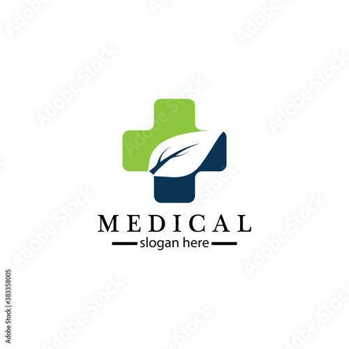 Medical cross and herbal leaf. medicine pharmacy logo. medical health symbol. herbal health care logo. nature logo.