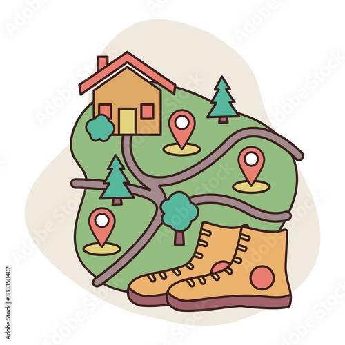 Map with points of interest and paths. Local tourism staycation concept. A pair of hiking boots. Vector flat illustration for travel agencies. Halt lodge final goal or start Hike planning symbol