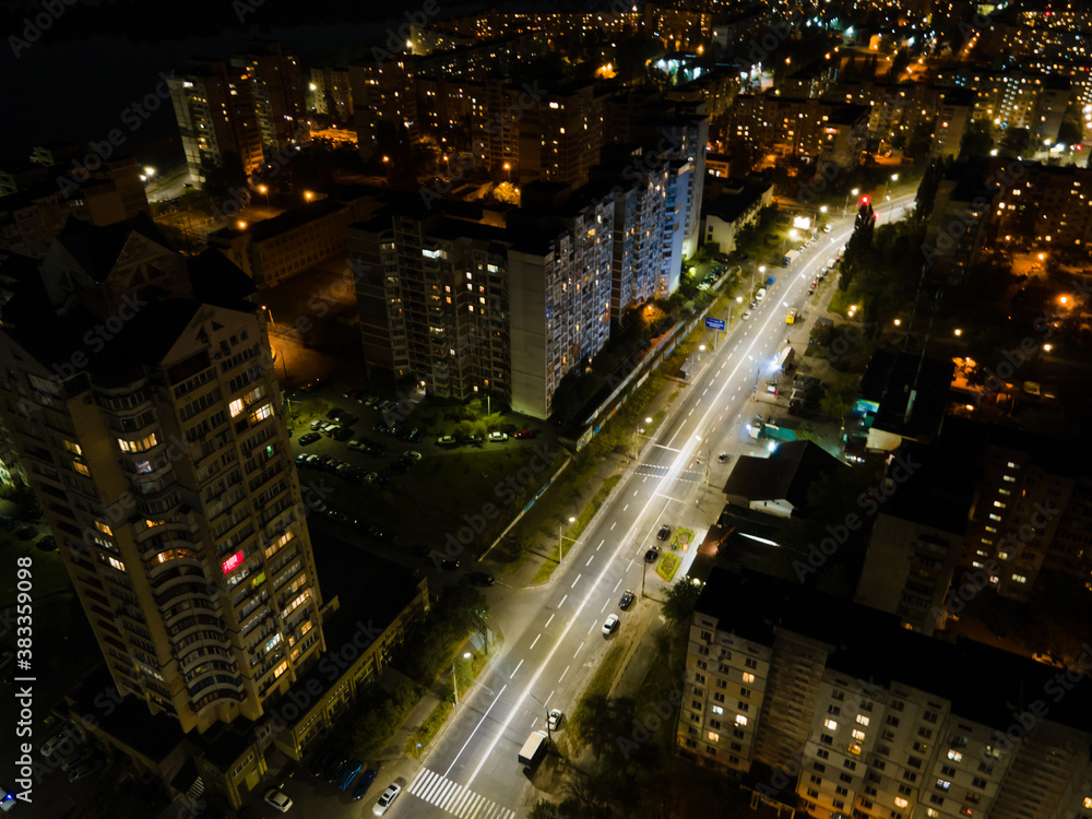 Aerial view of the Obolon district in Kiev at night