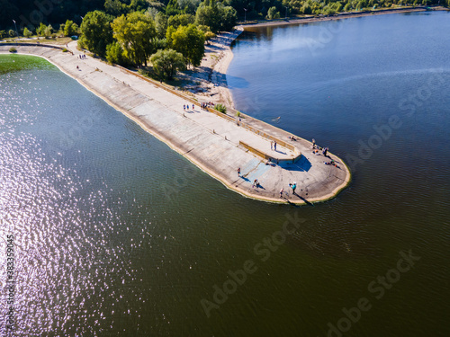 Aerial view of the concrete pier on the river bank
