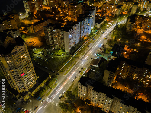 Aerial view of the Obolon district in Kiev at night