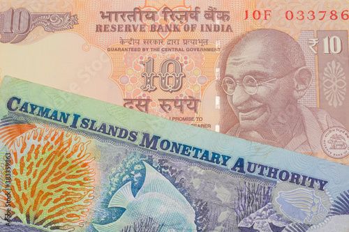 A macro image of a orange ten rupee bill from India paired up with a colorful one dollar note from the Cayman Islands.  Shot close up in macro.