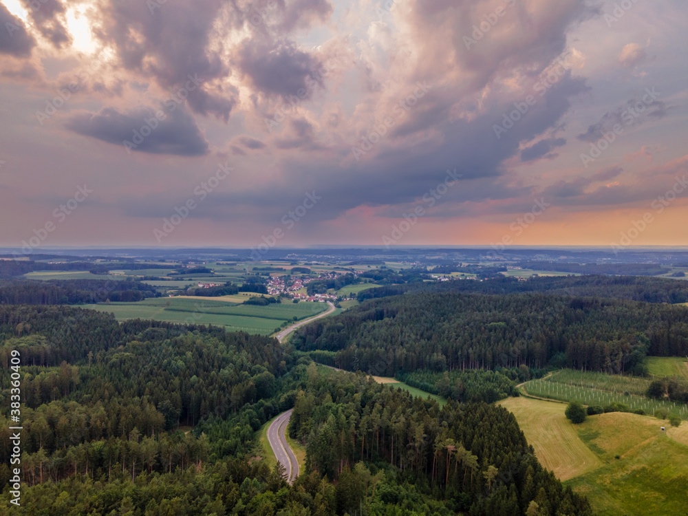 Naklejka premium Top view to forest landscape with thunder storm sky 