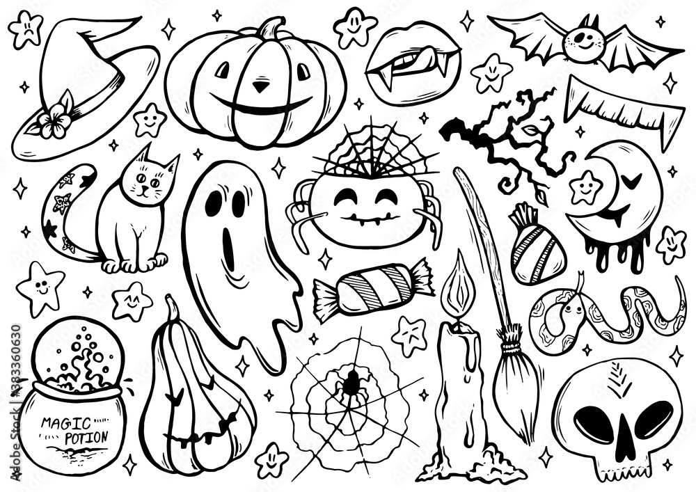 Halloween coloring page with spooky objects, hand drawn cute Halloween coloring sheet