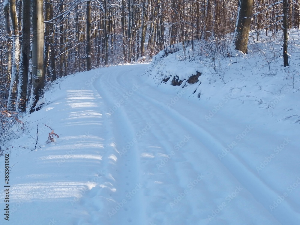 A winding snowy forest road on a sunny winter day. A winding snowy forest road on a sunny winter day.