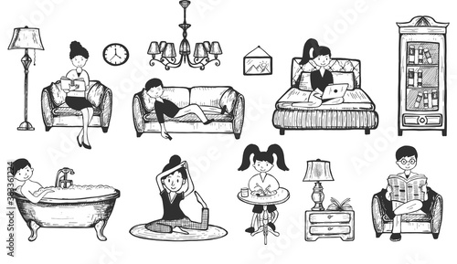 Relaxing people home activities set