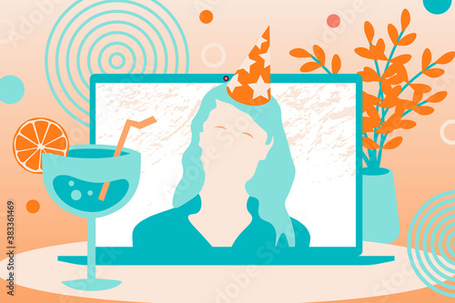 Video call woman in festive hat celebrating online. Birthday party girl on computer screen. Online party with laptop and drink. Vector illustration.