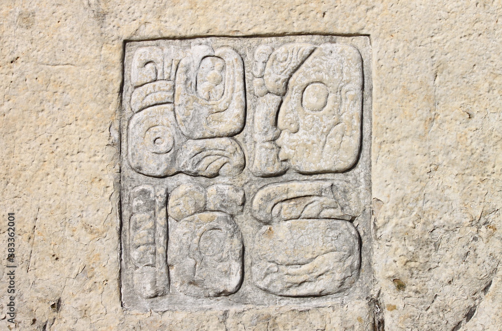 Bas-relief with Mayan inscription in Palenque. Chiapas, Mexico