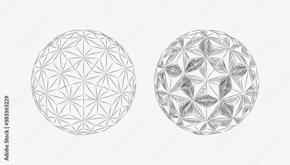 Hand-drawn two spheres for carving, one outline the other with a shadow in 3d Hand-drawn two spheres for carving, one outline the other with a shadow in 3d