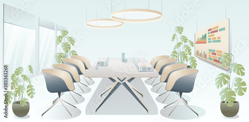 Business meeting room. Company staff training. Conference meeting room interior. Empty office with laptop, blackboard, coffee cup and water on table. Big windows and plants. Vector illustration.
