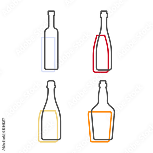 Simple line shape of vodka red wine champagne and whiskey bottle. One contour figure of bottle, the second drink. Outline symbol beverage black color. Sign liquid colored. Isolated flat illustration