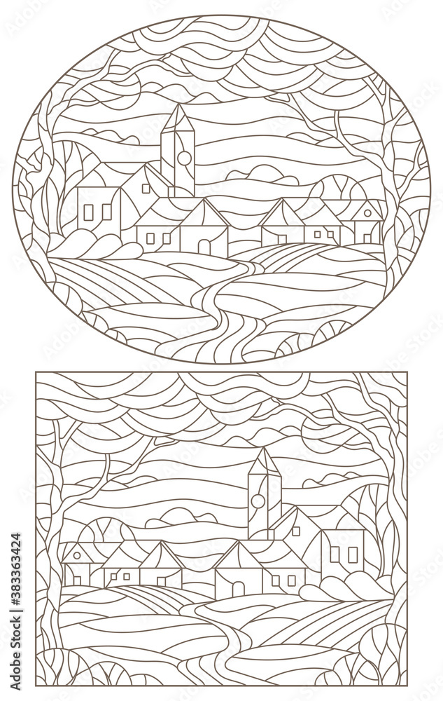 Set of contour illustrations of stained glass Windows with rural landscapes, dark outlines on a white background