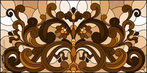 Illustration in stained glass style with abstract flowers, swirls and leaves  on a light background,horizontal orientation, sepia