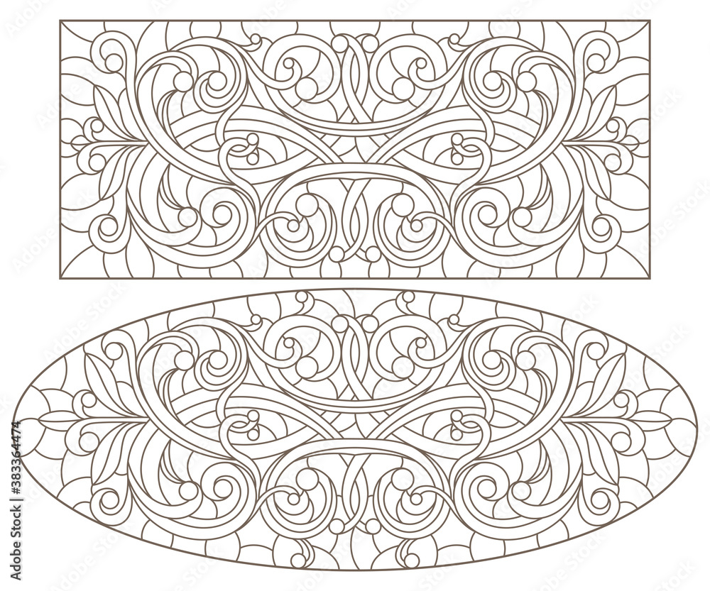 Set contour illustrations of stained glass with abstract swirls and flowers , horizontal orientation, dark contours on a white background Set contour illustrations of stained glass with abstract swirls and flowers , horizontal orientation, dark contours on a white background