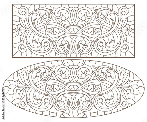 Set contour illustrations of stained glass with abstract swirls and flowers , horizontal orientation, dark contours on a white background