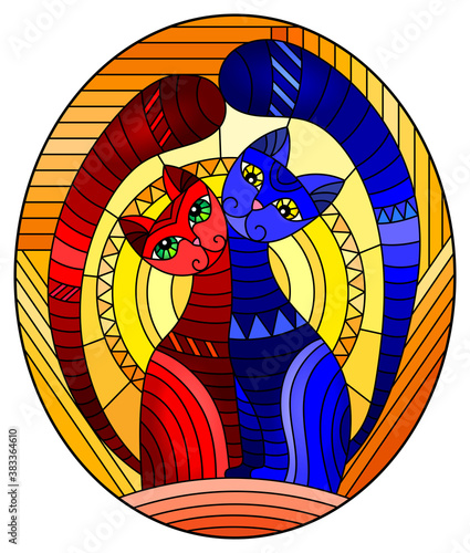 Illustration in stained glass style with a pair of abstract geometric cats on an orange background with sun, oval image