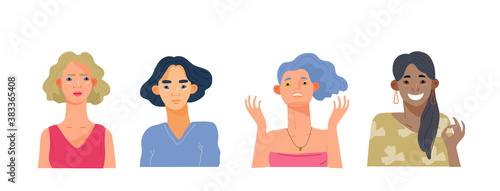 Women collection portraits with different emotions. Real people portraits set. Hand draw flat vector illustration in trendy style for print and designer tamplates. Vector icons and avatars
