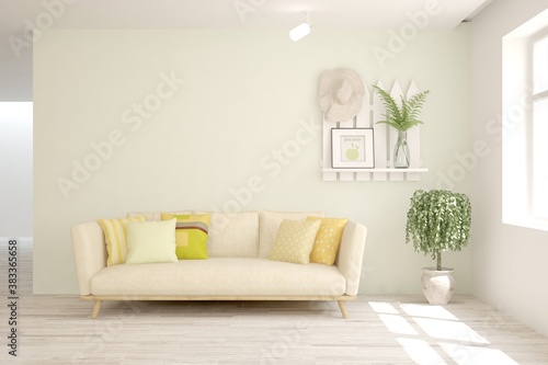 White living room with sofa. Scandinavian interior design. 3D illustration