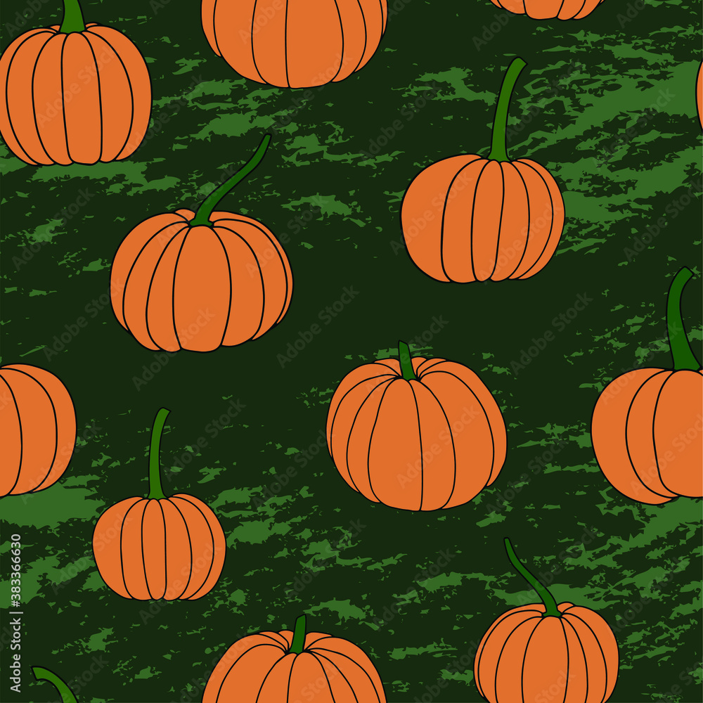 Pumpkin, leaf, acorn, mushroom. Vector doodle seamless pattern. Surface pattern design. Background. Autumn Thanksgiving day Happy Halloween party Harvesting. Forest. Vegatarian food symbols.

