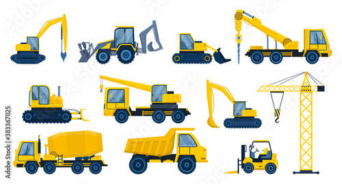 A large set of construction equipment. Special machines for the building work. Forklifts, crane, excavators, tractors, bulldozers, trucks, cars, concrete mixer, trailerVector illustration