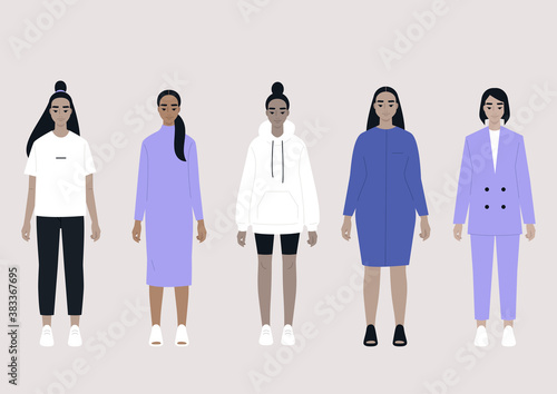 A set of asian female characters wearing different outfits: sport, casual, business, elegant