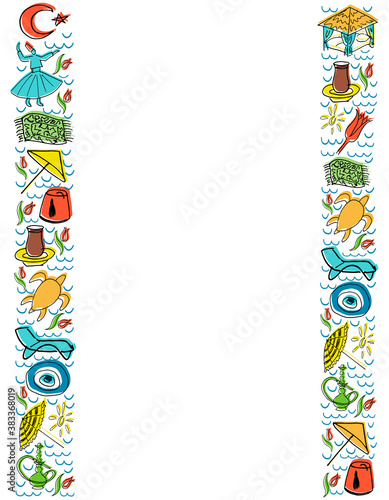 Hand drawn set with elements of Turkish symbols. Template for poster, banner, booklet. Vertical line with elements isolated on white background. Vector illustration for travel agency, print shop