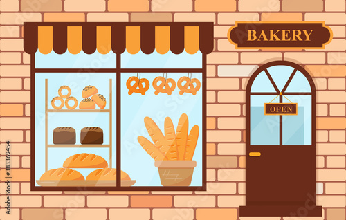 Bakery shop building exterior with showcase