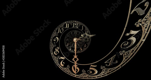 Classic gold spiral dial endlessly moving towards the camera.The arrows describe a full circle . It symbolizes the infinity of time.On black background. 3D render