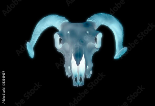 3D rendering glowing sheep skull isolated on dark BG