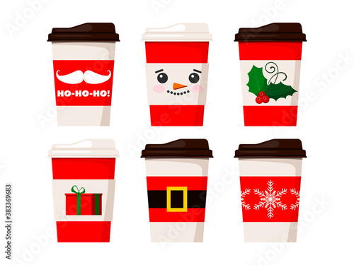Merry Christmas coffee cups isolated on white background. Coffee tea mug decorated snowman face, santa claus belt, snowflake, mistletoe, gift illustration. Vector flat winter x-mas drink to go design.