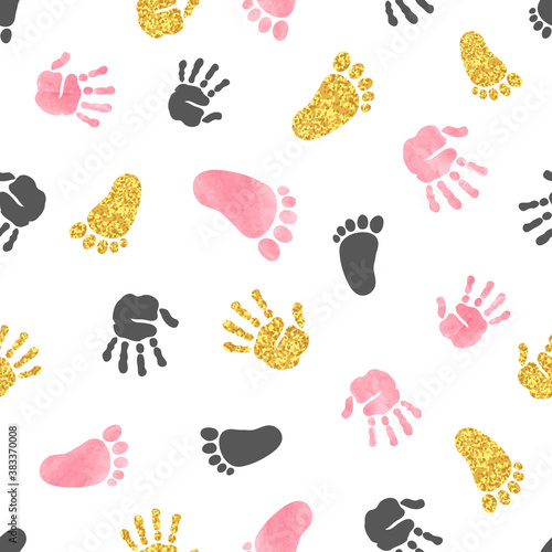 Seamless pattern with kids palm hand and foot prints. Baby shower vector illustration.