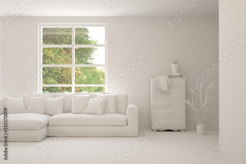 White living room with sofa and summer landscape in window. Scandinavian interior design. 3D illustration