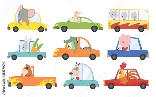 Colored set of kids transport with cute little animals driving car. Collection cartoon animal driver, pets vehicle and happy in funny cars. Transportation animals character travel in cars
