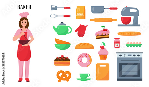 Baker and set of kitchen tools and products