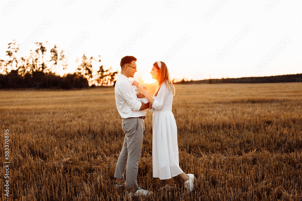 Happy family walking at the field, caring father hold cute newborn baby girl in arms, gorgeous mother hold tiny hands of little daughter, parenthood concept