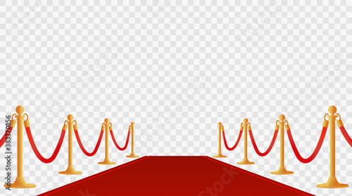 Red background with carpet and path barriers 3d vector illustration. Luxury entrance to vip event or celebrity party isolated on white background. Premiere show ceremony.