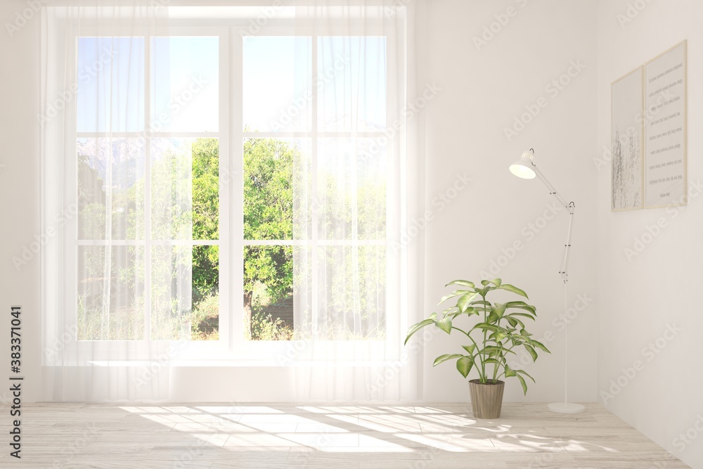 Stylish empty room in white color with summer landscape in window. Scandinavian interior design. 3D illustration Stylish empty room in white color with summer landscape in window. Scandinavian interior design. 3D illustration