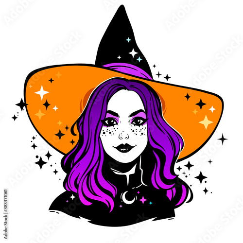 cute young witch with beautiful iridescent hair