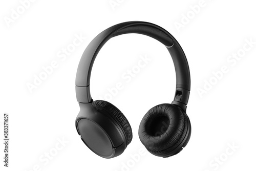 Black wireless headphones isolated on white background. Full depth of field.