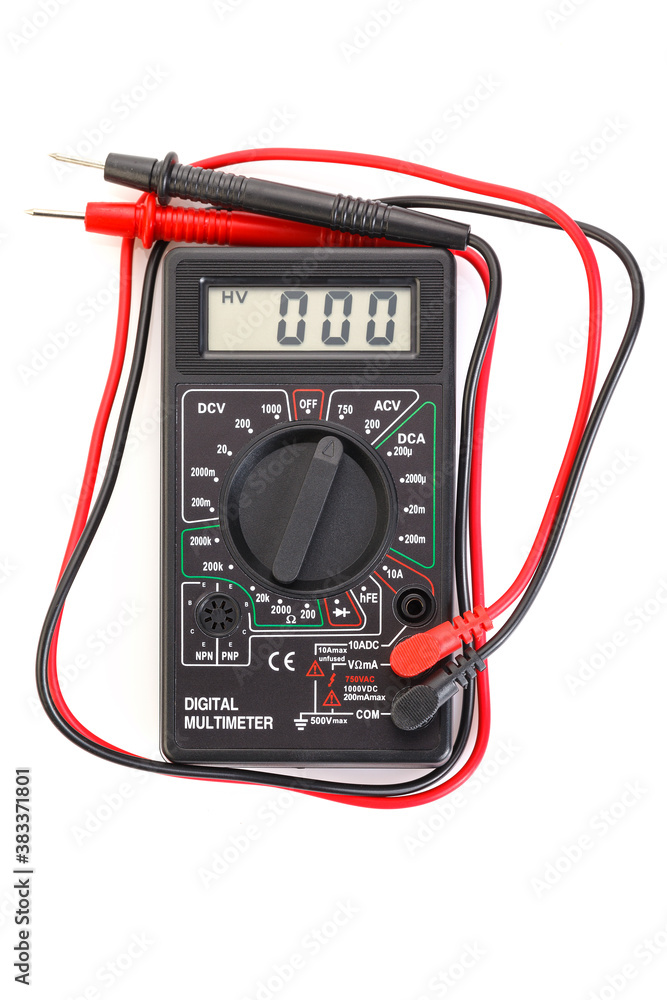 Digital electrical tester multimeter in black case isolated on white background. Digital multimeters have a numeric display, can measure voltage, current and resistance. Close-up.